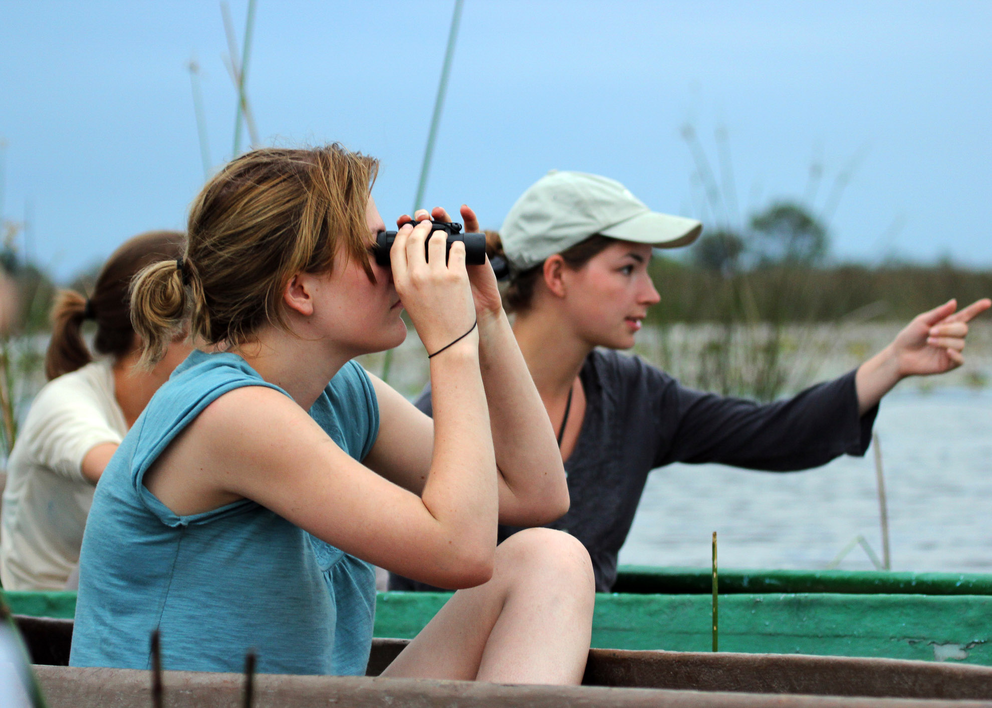Maun, Botswana - March 27, 2012: Tourists in mokoros watch a group of hippos in the Okavango River.